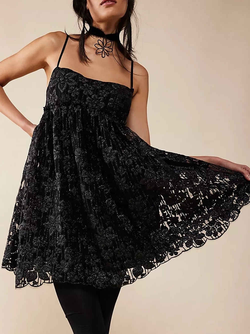 Free People NWT All That Glitters Black Floral Metallic Lace Mini Babydoll Dress